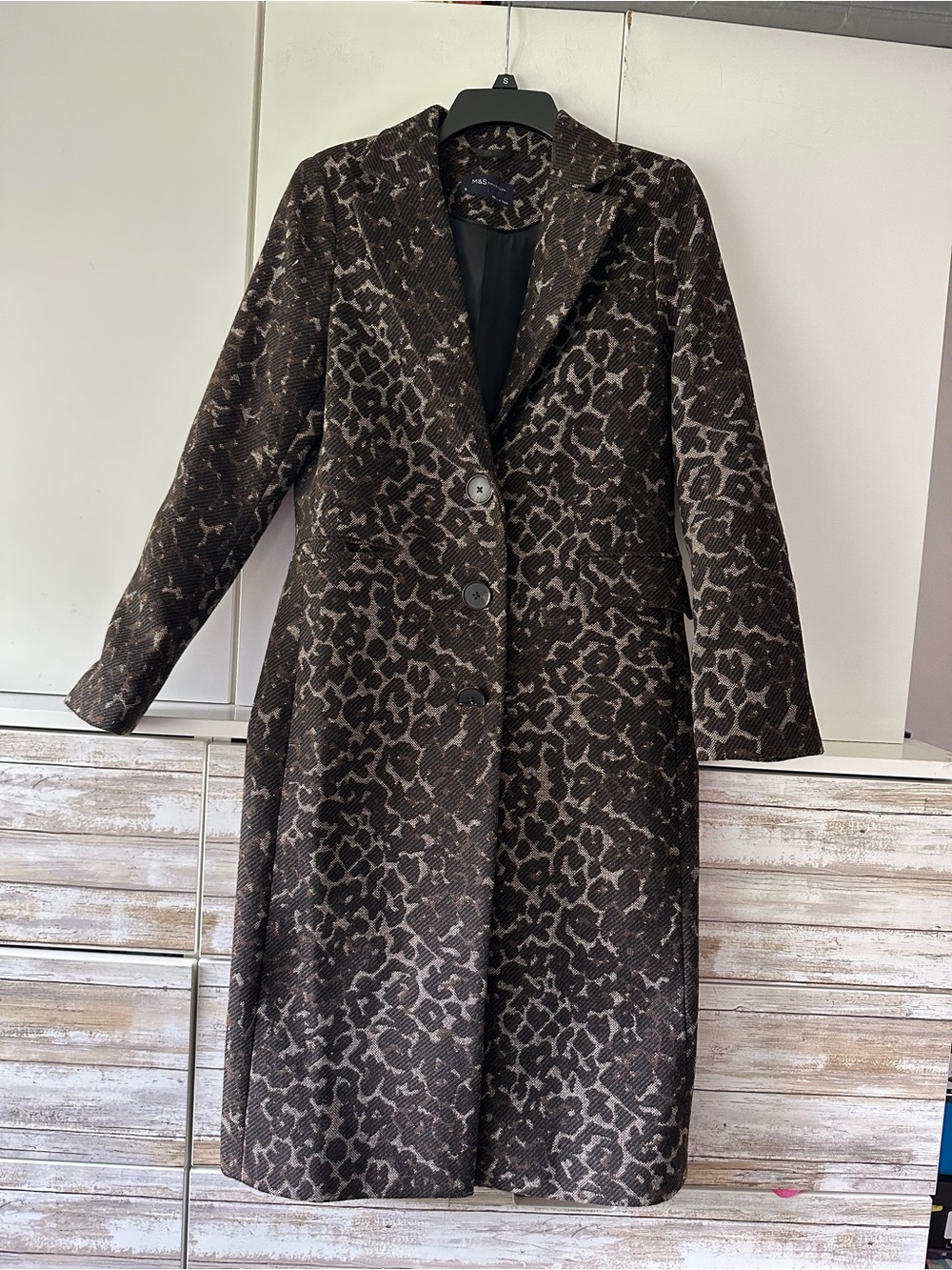🖤 M&S Collection Black Brown Jacquard Wool Blend Long Coat UK 6 US 2 NWOT